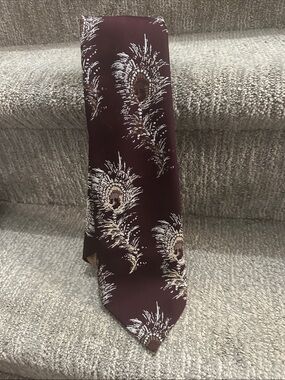 Vintage Yves Saint Laurent Maroon Tie with Peacock Feather Motif